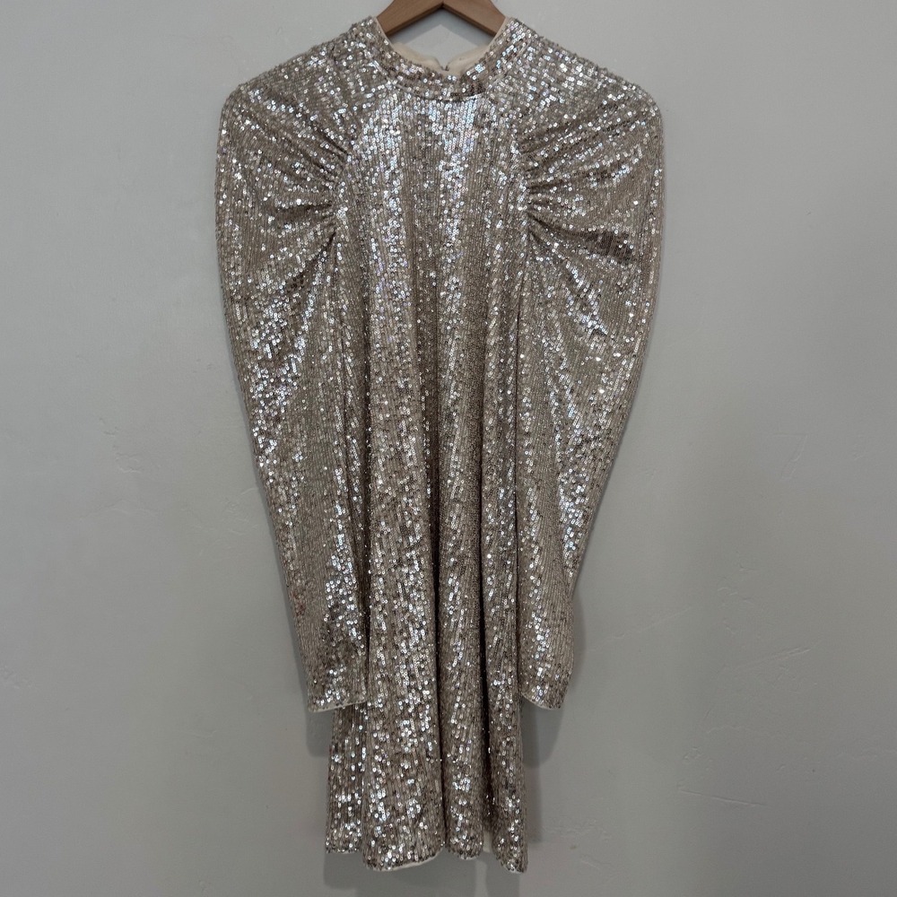 NWT H&M Champagne Sequin Puff Sleeve High Neck Mini Dress New S Holiday Formal